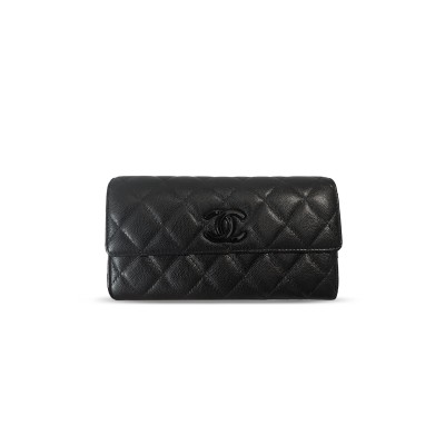 CHANEL BLACK CAVIAR LEATHER BI-FOLD LONG WALLET 369421 (17.5*10.5cm)